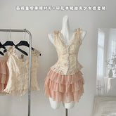 BXOXO - summer inspo Fairycore Buttom Up Sexy Halter Neck Crop Tops +Mini Skirt Suit Hotsweet Fashion 2 Piece Set Streetwear